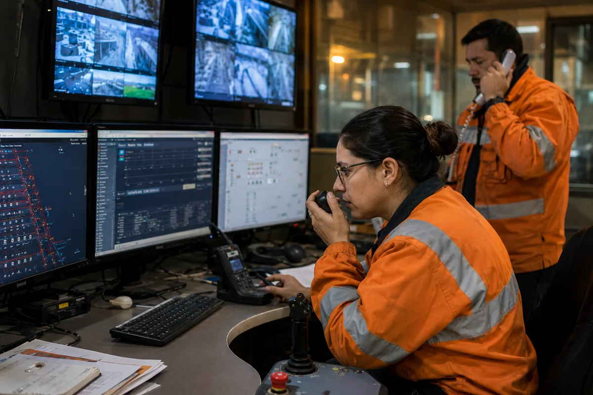 Sala de control minera: operadores monitoreando una faena en tiempo real